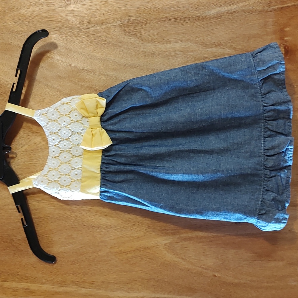 Picapino Cute Little Girls Sundress Yellow Blue Chambray Lace Bow Ruffle Size 2T